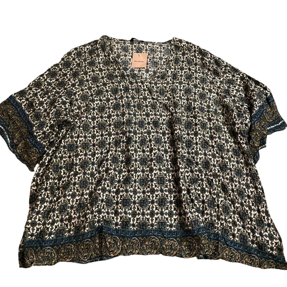 Bloomchic Plus Size 28 Medallion Paisley Print‎ V-Neck Pleated Blouse Blue Teal